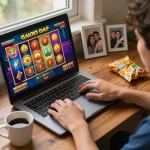 Player enjoying slot gacor online gaming experience at home with engaging interface and cozy atmosphere