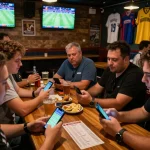 LIGA2000 sports betting excitement with patrons checking apps at a lively sports bar.