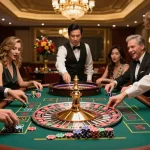 Experience the thrill of IWIN at an exciting roulette table, with players engaged in betting action and vibrant casino ambiance.