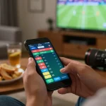 Player engaging in online sports betting with dinamit4d app, showcasing betting screen and cozy atmosphere.