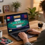 Engaging gameplay at home, the Go8 player enjoys online blackjack with active strategy notes.