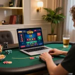 Player engaging in cm 88 online poker game at modern desk, showcasing vibrant casino interface, ambient lighting
