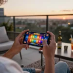 Engaged player enjoying GO88 casino games on a smartphone during a sunset