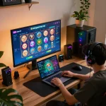 Engaging in slot gacor hari ini gameplay on a laptop in a stylish home office setting.