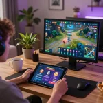 Person enjoying non gamstop online casino gaming on tablet in cozy home environment