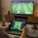 Betting on sports using m110 interface on a tablet with match on TV in a cozy environment.