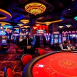Permainan kasino HALO189 yang seru dengan mesin slot dan meja poker elegan di latar belakang mewah.