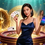 Win big at CM88 with a stunning Asian woman showcasing her smartphone casino app and golden chip.