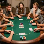 Friends enjoying a home poker game night with chips and cards celebrating sun win moments