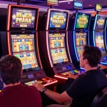 Exciting bonus buy slots UK casino scene with players engaging at vibrant slot machines.