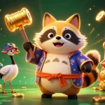 Engage with Sunwin slots alongside cheerful tanuki and maneki-neko in vibrant casino scene.