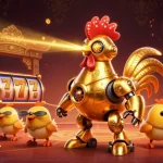 Bermain slot88 dengan robot ayam emas futuristik dikelilingi berbagai elemen permainan yang menarik.