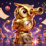 Experience thrilling gameplay at sunwin3 nl with a golden owl overseeing an action-packed casino scene.