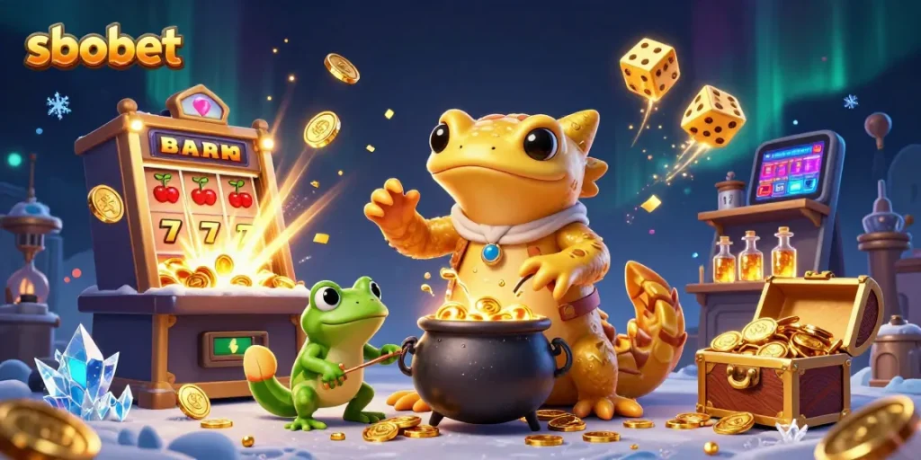 Engage in sbobet betting with a vibrant scene of casino games, characters, and winning symbols.
