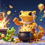 Engage in sbobet betting with a vibrant scene of casino games, characters, and winning symbols.